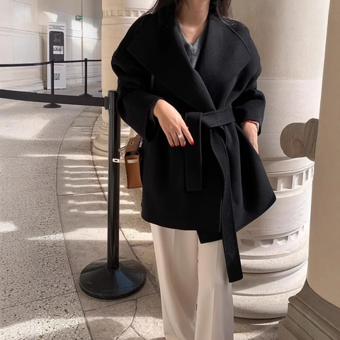 Women Woolen Coat Lapel Belted Loose Long Sleeve Solid Color Winter Casual Commute Outerwear Black