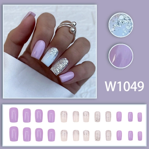 Faux Ongles Press On Violet Dégradé Paillettes Argentées Courts Carrés Pointes D'Ongles Artificielles Pour Femmes Manucure DIY