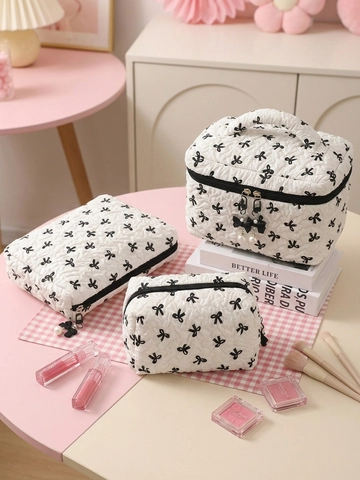 Borsa Trucco Trapuntata Con Fiocco Per Donne Ragazze Grande Capacità Pochette Cosmetica Cerniera Con Perla Artificial Elegante