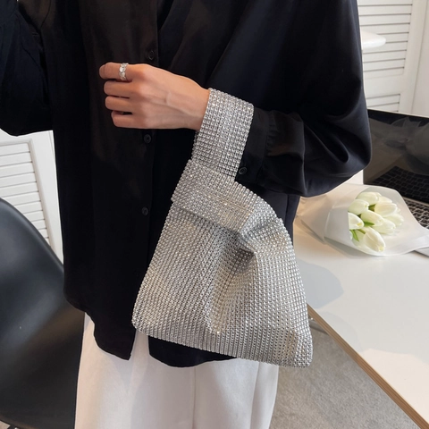 Women Full Rhinestone Handbag Sparkling Knot Handle Evening Bag Party Clutch Trendy Chic Versatile Luxury Accessory