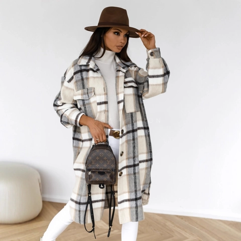 Women Long Plaid Shacket Woolen Fabric Lapel Button Down Casual Mid Length Coat Loose Outerwear Autumn Winter Fashion