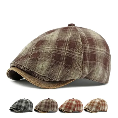 Retro Plaid Newsboy Cap Cotton Painter Beret Hat With Faux Leather Brim Adjustable Vintage British Style Unisex