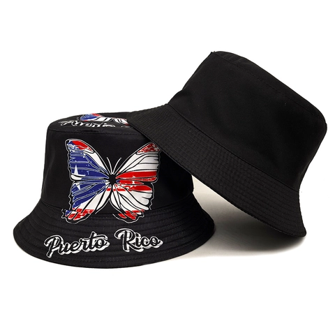 Puerto Rico Flag Butterfly Pattern Bucket Hat Polyester Sun Protection Outdoor Travel Vintage Unisex Fisherman Cap
