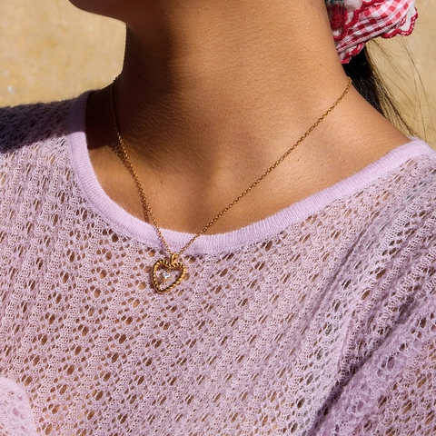 Hart Hanger Ketting Roestvrij Staal Verguld Zirkoon Accent Touw Textuur Holle Mode Sieraden Voor Vrouwen