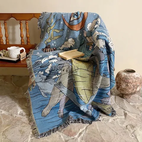 Bohemian Woven Blanket Polyester Cotton Artistic Mythological Ocean Theme Throw With Tassels For Sofa Outdoor Camping