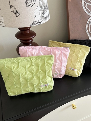 Quilted Pleated Fabric Makeup Bag Portable Lattice Cosmetic Pouch Travel Storage Organiser For Women