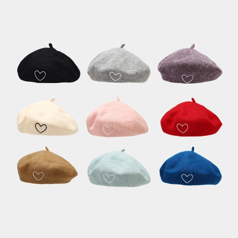 Boina De Lana Para Mujer Con Bordado De Corazón Retro Francés Cálido Color Sólido Gorra De Artista Chic