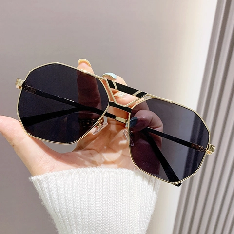 Lunettes De Soleil Polygonales Rétro Pour Femmes Monture Métal Surdimensionnée Verres AC Protection UV400