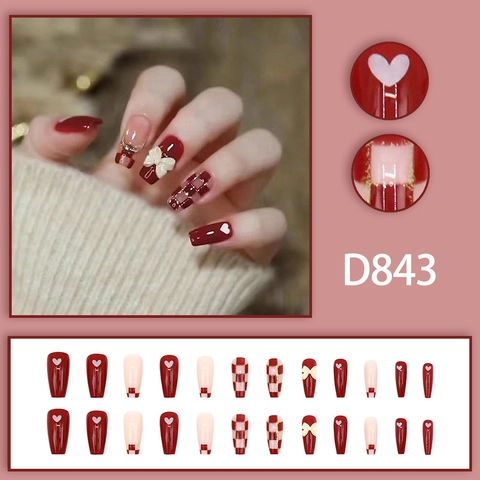 Press On Nails Long Coffin Fake Nails Red Checkerboard Heart Pattern Bow French Artificial Nails For Women