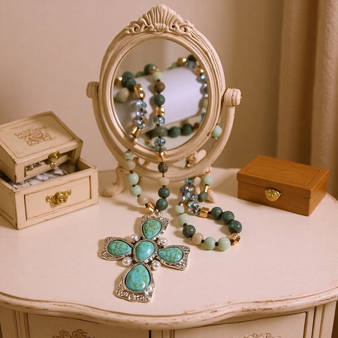 Bohemian Vintage Natural Stone Cross Pendant Necklace For Women Alloy Beaded Sweater Chain With Artificial Pearl