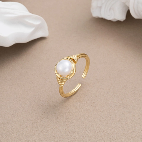 S925 Sterling Silver Freshwater Pearl Open Ring For Women Handmade Wire Wrapped Design Gold Plated Adjustable Fashion Jewelry