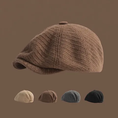 Retro Newsboy Cap Woolen Tweed Herringbone Octagonal Beret Hat British Style Winter Warm Adjustable Outdoor Unisex