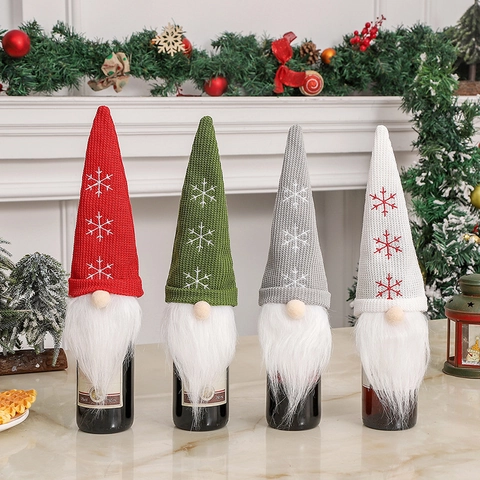 Funda Para Botella De Vino De Navidad Gnomo Tejido Tomte Decoración Bordado De Copos De Nieve Larga Barba De Piel Sintética Ornamento De Mesa De Fiesta Regalo