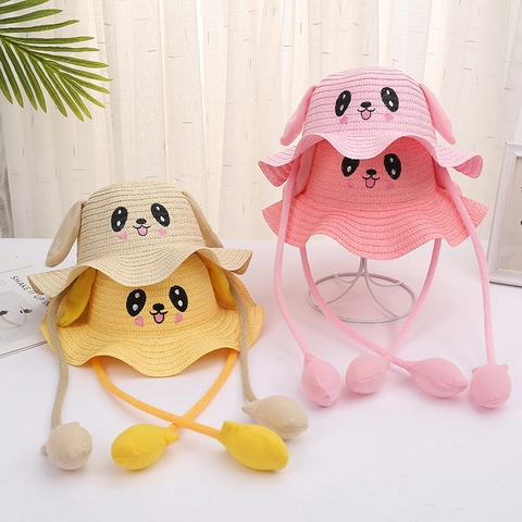 Sombrero De Paja Para Niños Con Orejas Móviles Lindo Animal Conejo Perro Novedad Airbag Verano Protección Solar Playa