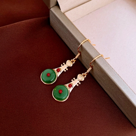 Pipa Shape Tassel Hook Earrings Gold Plated Copper Green Imitation Jade Stainless Steel Post Chinese Style Vintage For Women