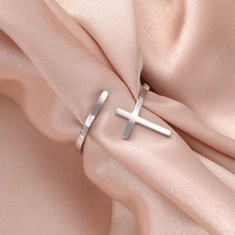 Minimalist Stainless Steel Cross Open Ring For Men Women Adjustable Gold Silver Color Religious Fashion Jewelry Finger Ring Gift