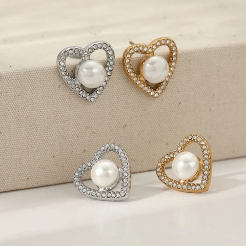 Pendientes De Perlas Artificiales De Corazón Acero Inoxidable 304 Chapado En Oro PVD Pavé De Diamantes De Imitación