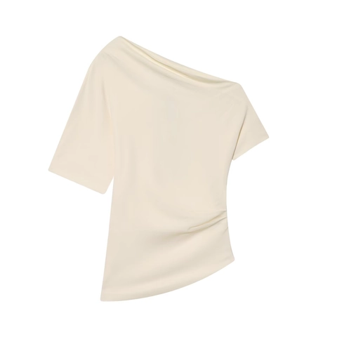 Women Asymmetrical Single Shoulder Blouse Polyester Satin Wrinkle Ruched Side Short Sleeve Fashion Casual Solid Top