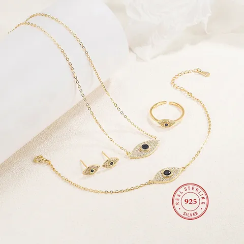 Set Gioielli Malocchio in Argento Sterling 925 Per Donna Pietra Blu Strass Collana Bracciale Anello Aperto Orecchini