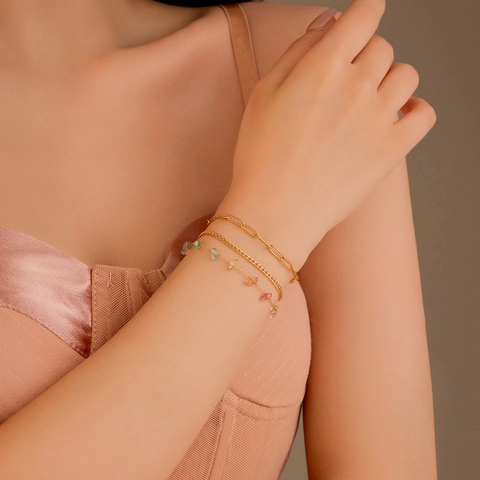 18K Gold Plated Stainless Steel Layered Bracelet For Women Colorful Natural Stone Chips Chain Multilayer INS Fashion Jewelry Gift