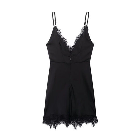 Sexy Satijnen Slip Mini Jurk Voor Vrouwen V-Hals Kant Patchwork Verstelbare Bandjes Mouwloos Feestjurk Nachthemd