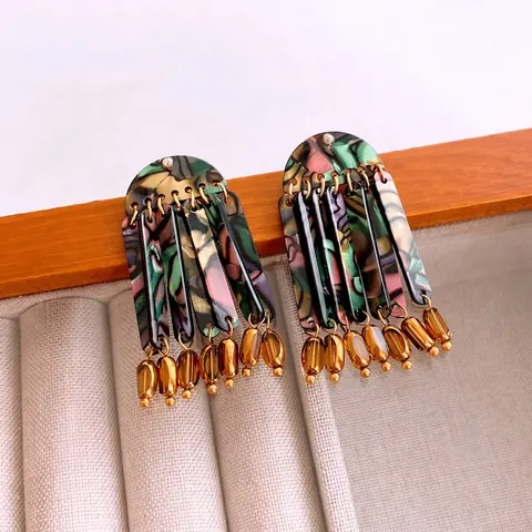 Vintage Tassel Earrings With 925 Sterling Silver Earring Post Acrylic Glass Shell Multicolor Marble Pattern For Women