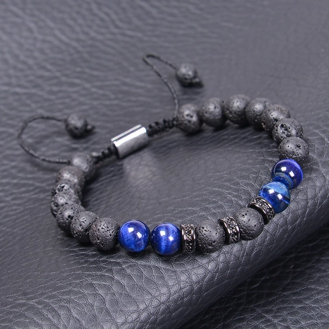 Men Beaded Bracelet Blue Tiger Eye Lava Stone Copper Zirconia Adjustable Gift For Him Father Son With Message Card