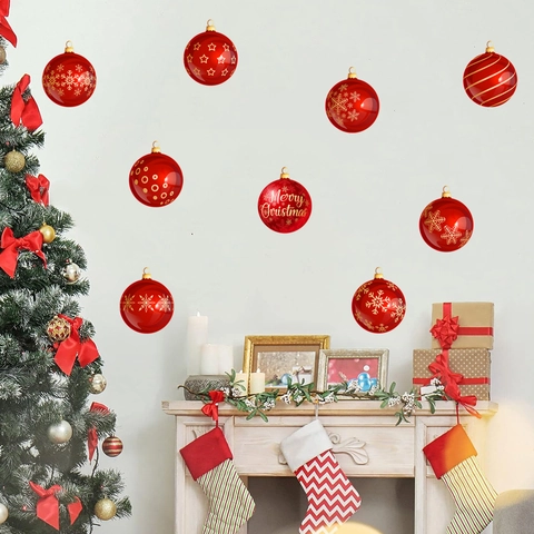 Weihnachten Wandaufkleber Rote Kugel Dekore PVC Wasserdicht Für Fenster Wohnzimmer Schlafzimmer Festliche Dekoration Merry Christmas Muster