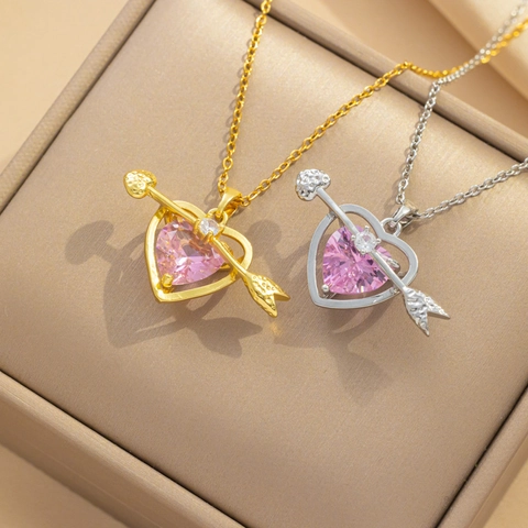 Collar Con Colgante De Corazón Acero Inoxidable Circonita Rosa Flecha De Cupido A Través Del Corazón Joyería Romántica