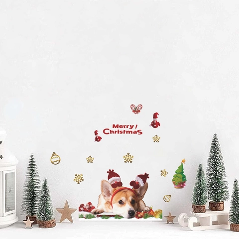 Kerst Muurstickers PVC Waterdicht Corgi Hond Elandgewei Merry Christmas Sneeuwvlokken Venster Glas Huis Decoratie