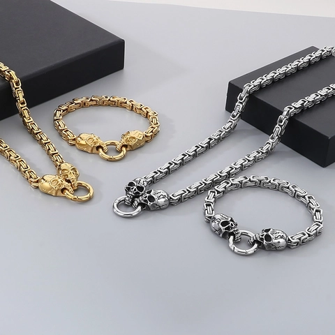Collar Y Pulsera De Cadena Bizantina Con Calavera Acero Inoxidable Joyería Hip Hop Punk Para Hombres