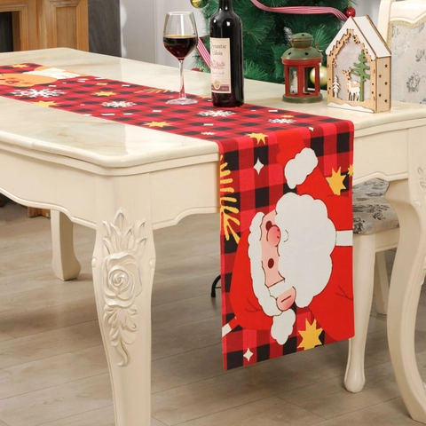 Christmas Table Runner Buffalo Plaid Short Plush Fabric Gnome Reindeer Red Truck Pattern Festive Holiday Dining Decoration