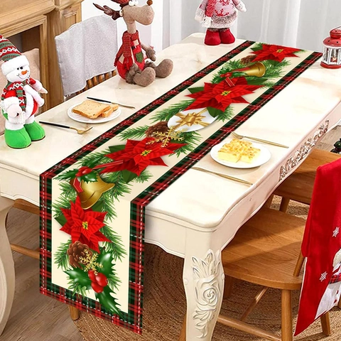 Runner Da Tavola Natale Poliestere Poinsettia Campana Pigna Motivo Decorazione Tavola Festiva Bordo Quadri