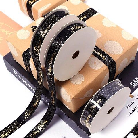 Satin Gift Wrapping Ribbon Gold Stamped Happy Birthday Sweet Time For Birthday Party Cake Box Decor DIY Crafts Elegant