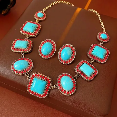 Turquoise Red Rhinestone Necklace And Earrings With Silver Earring Post Alloy Vintage Retro Court Style For Women