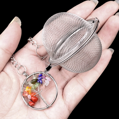 Stainless Steel Tea Infuser Tree Of Life Crystal Stone Pendant Functional Mesh Ball Strainer For Steeping Loose Leaf Tea