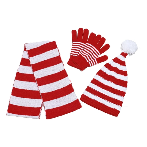 Christmas Knitted Hat Scarf And Gloves Acrylic Red White Striped Winter Warm Festive Party Accessories For Adults