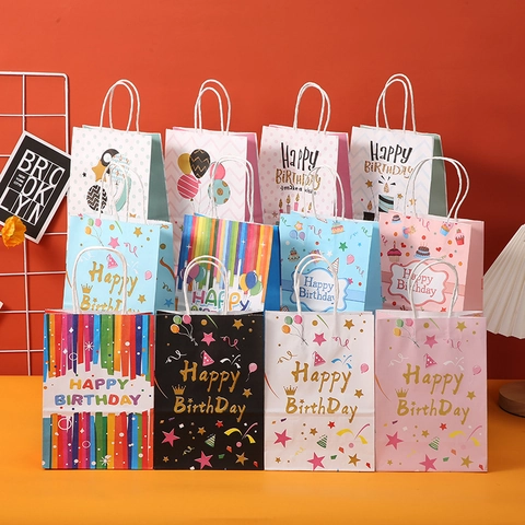 Happy Birthday Gift Bags Kraft Paper Portable Printing Patterns With Handles Celebration Party Supplies Colorful