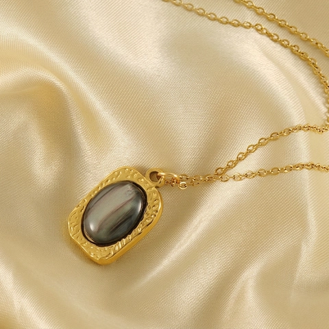 Collana Con Pendente Rettangolare Acciaio Inossidabile Placcato Oro 18K Pietra Naturale Intarsio Ovale Gioielli Retrò Donna