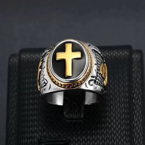 Anello Croce Uomo in Acciaio Inossidabile Vintage Placcato Oro Argento Rilievo Mani in Preghiera Gioielli Punk Religiosi