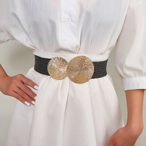 Women Straw Woven Elastic Wide Belt Fashion Dress Decoration Gold Round Sunburst Buckle Boho Style Waist Cinch