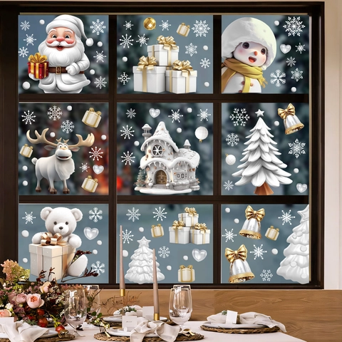 Christmas Window Stickers Static PVC Double Sided Printing Santa Claus Snowman Reindeer Pattern Holiday Glass Decoration