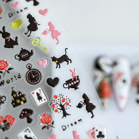 Japanse Alice In Wonderland Reliëf Nail Art Stickers Zelfklevend Mat Dun Manicure Decals Voor Vrouwen DIY Nagel Decoratie