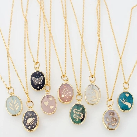 Natural Stone Pendant Necklace Stainless Steel Chain Butterfly Snake Engraved Vintage Jewelry For Women