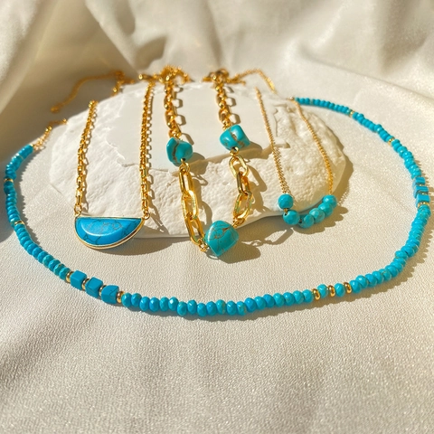 Türkis Halskette Für Damen Kupfer 18K Vergoldet Boho Perlen Handgefertigt Schmuck Vintage Stil