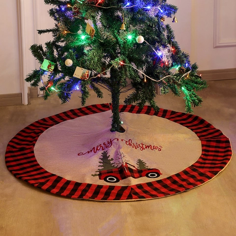 Gonna Per Albero Di Natale Bordo A Quadretti Lino Camion Rosso Ricamo Rotonda Decorazione Festiva Rustica