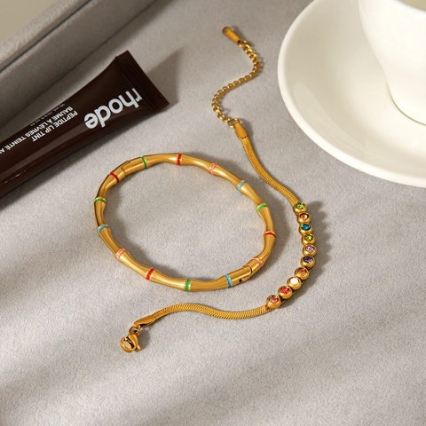 Bamboo Bangle And Colorful Zircon Snake Chain Bracelet 18K Gold Plated Stainless Steel Geometric Jewelry For Women