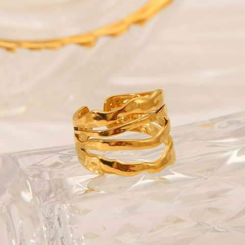 Anillo De Ola Irregular De Acero Inoxidable Multicapa Abierto Ajustable Chapado En Oro Joyería Minimalista Para Mujer