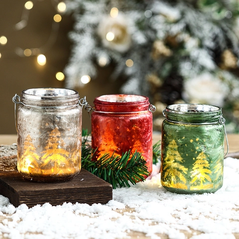 Christmas Glass Candle Holder Frosted Ice Crack Reindeer Snowflake Tree Pattern Decorative Jar With Metal Handle Holiday