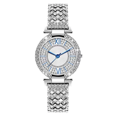 Women Luxury Fashion Quartz Watch Full Rhinestone Inlaid Metal Strap Roman Numerals Blue Hands Elegant Wristwatch